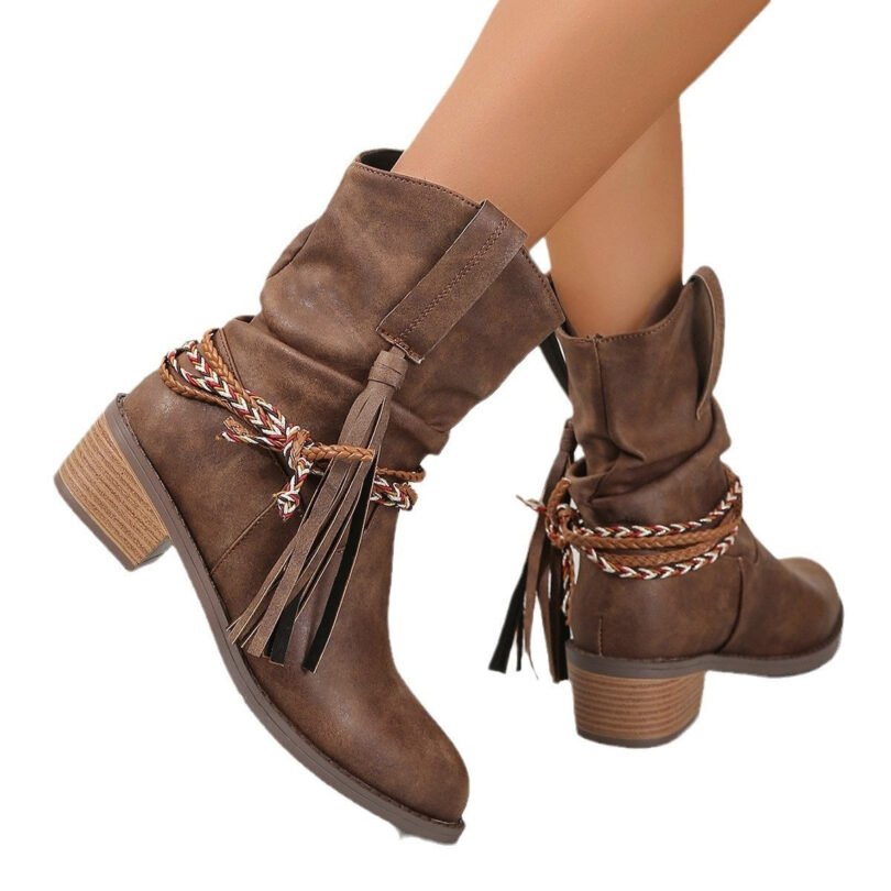 Women's Autumn And Winter Pleated Tassel High Heel Mid-calf Length Loose Socks Boots - Image 4