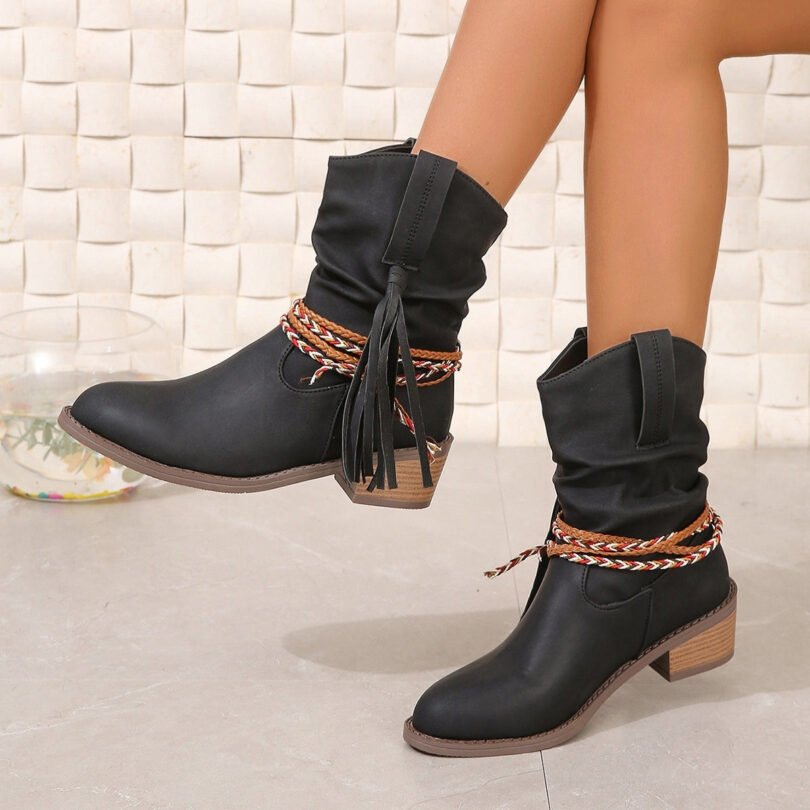 Women's Autumn And Winter Pleated Tassel High Heel Mid-calf Length Loose Socks Boots - Image 3