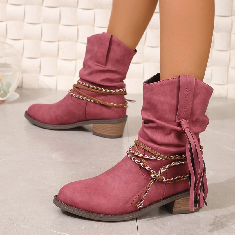 Women's Autumn And Winter Pleated Tassel High Heel Mid-calf Length Loose Socks Boots - Image 8